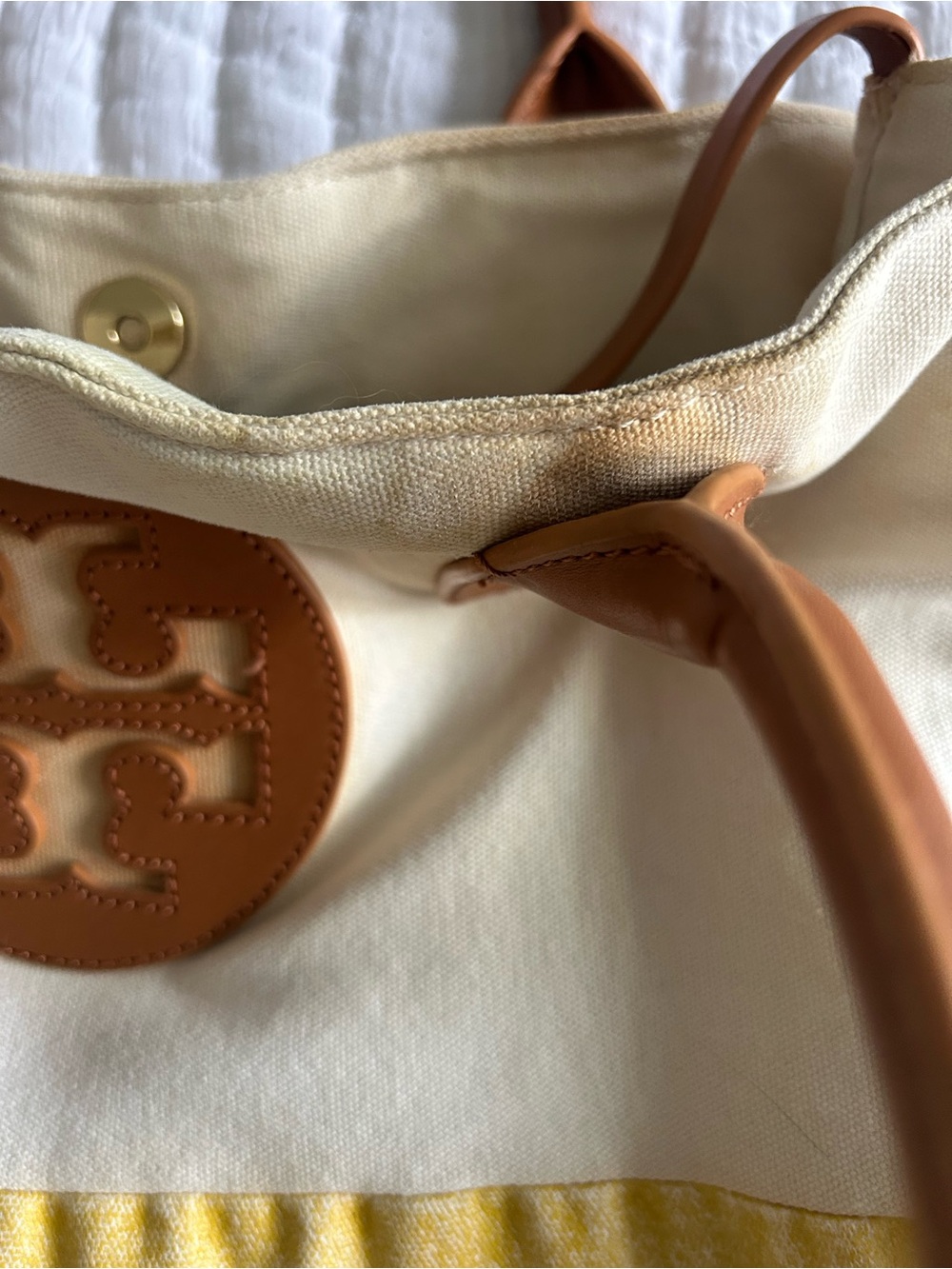 Tory Burch Two-Tone Canvas Tote in Cream, Yellow and Tan Leather - Picture 6 of 10